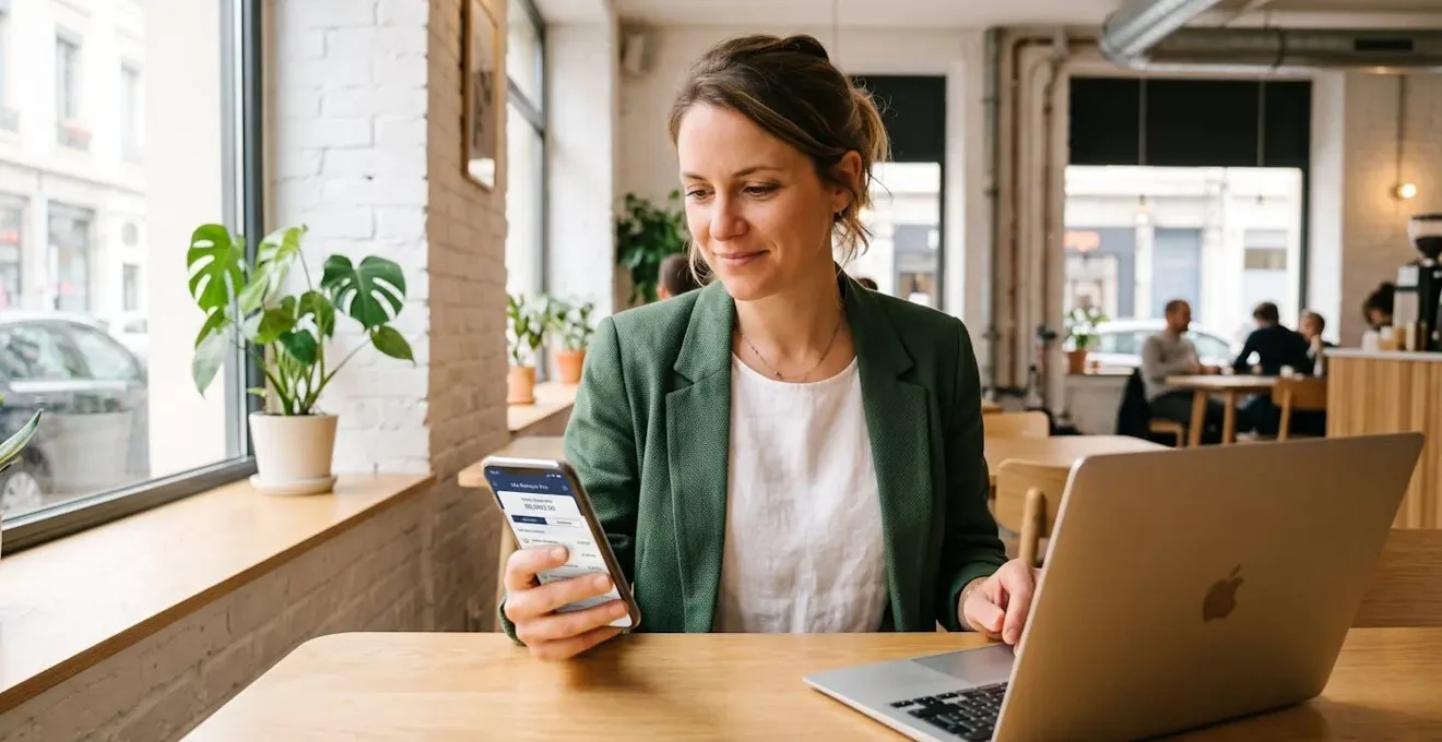 Freelance professionnelle française consultant son compte bancaire professionnel sur smartphone dans un espace de coworking contemporain
