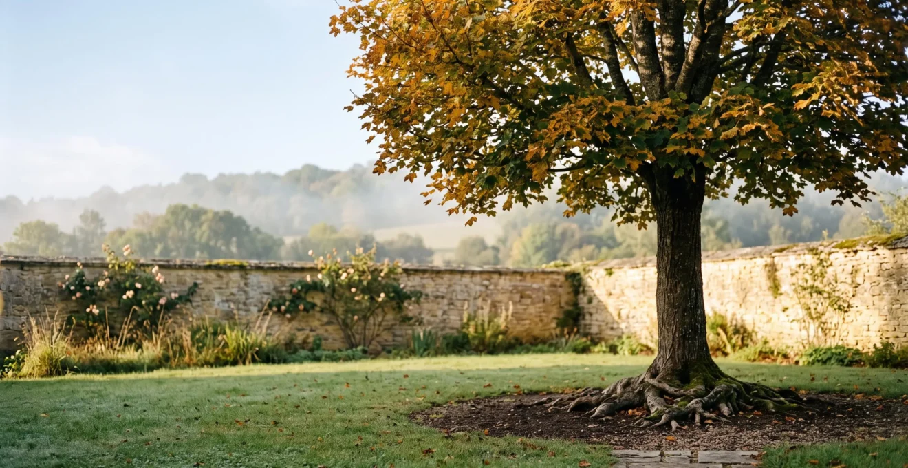 Arbre patrimonial florissant dans un jardin de pierre, symbole de la croissance d'un capital sur quinze ans