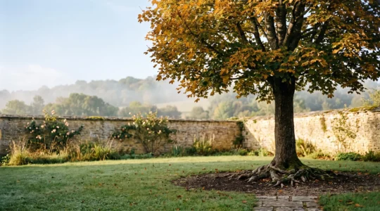 Arbre patrimonial florissant dans un jardin de pierre, symbole de la croissance d'un capital sur quinze ans
