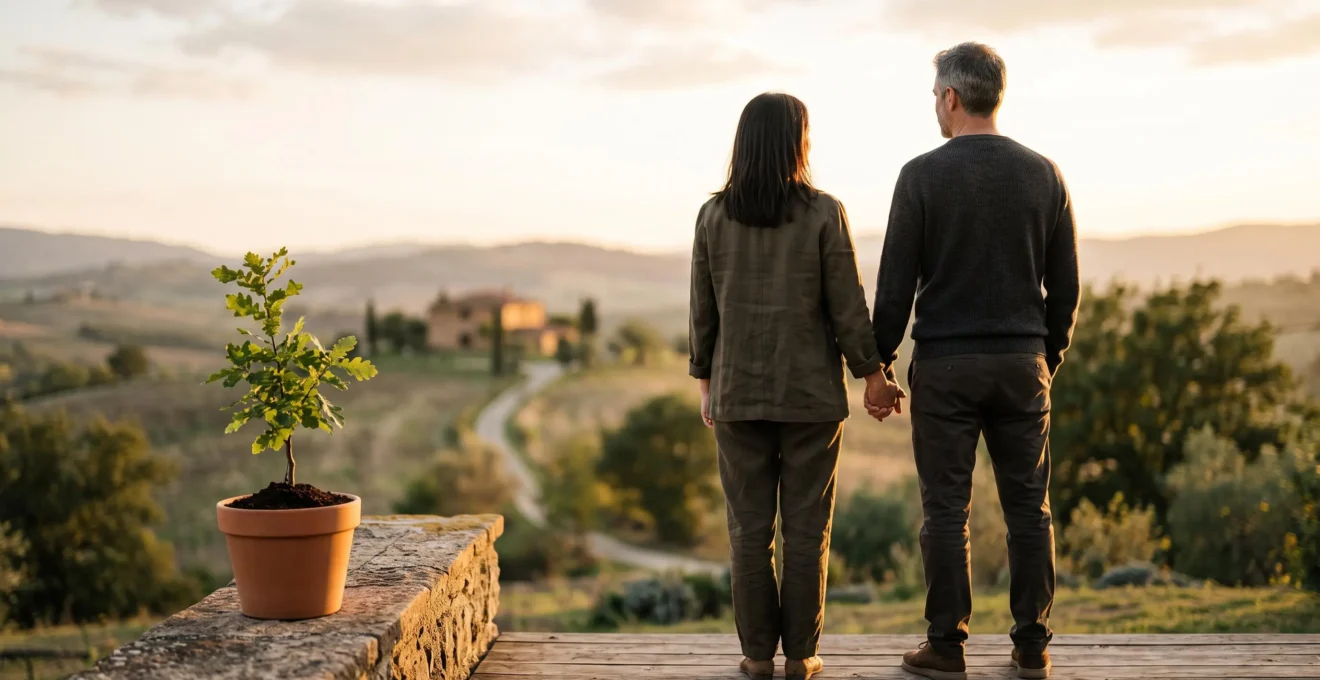 Illustration symbolique d'un couple d'âge mûr contemplant un chemin lumineux menant vers une maison et un horizon serein, représentant la transformation de l'épargne retraite