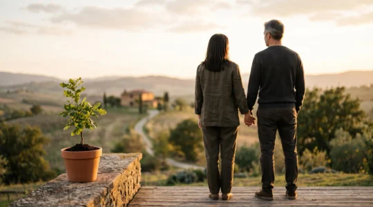 Illustration symbolique d'un couple d'âge mûr contemplant un chemin lumineux menant vers une maison et un horizon serein, représentant la transformation de l'épargne retraite