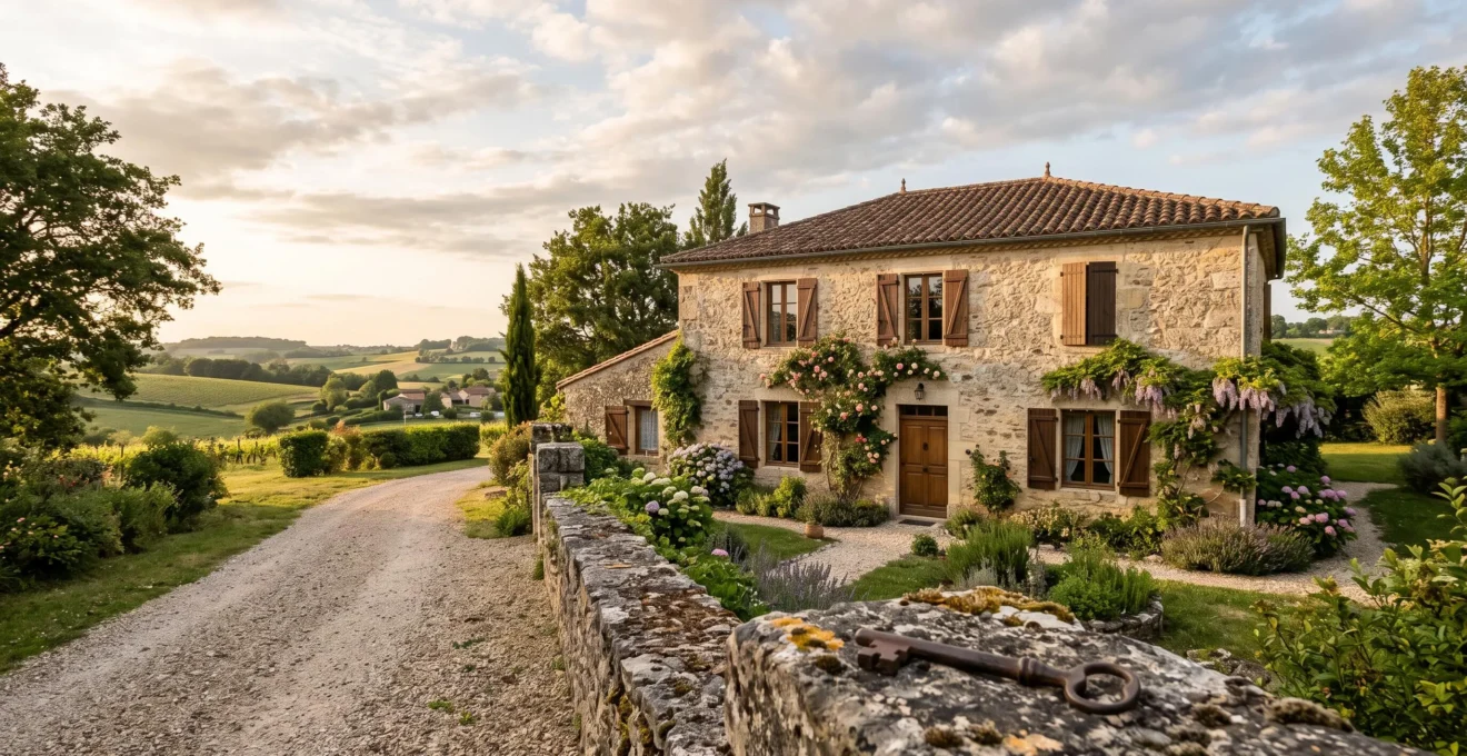 Maison de campagne française baignée de lumière dorée, symbole d'un projet de résidence secondaire financé par l'épargne retraite