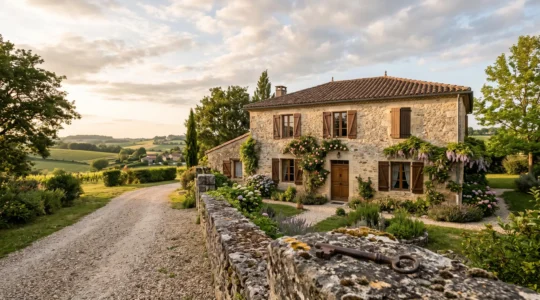 Maison de campagne française baignée de lumière dorée, symbole d'un projet de résidence secondaire financé par l'épargne retraite