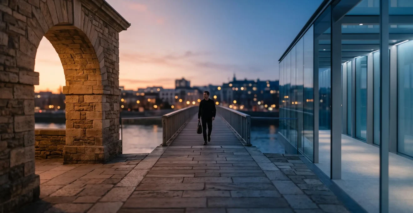Silhouette traversant une passerelle symbolisant la transition d'une banque traditionnelle vers une banque en ligne
