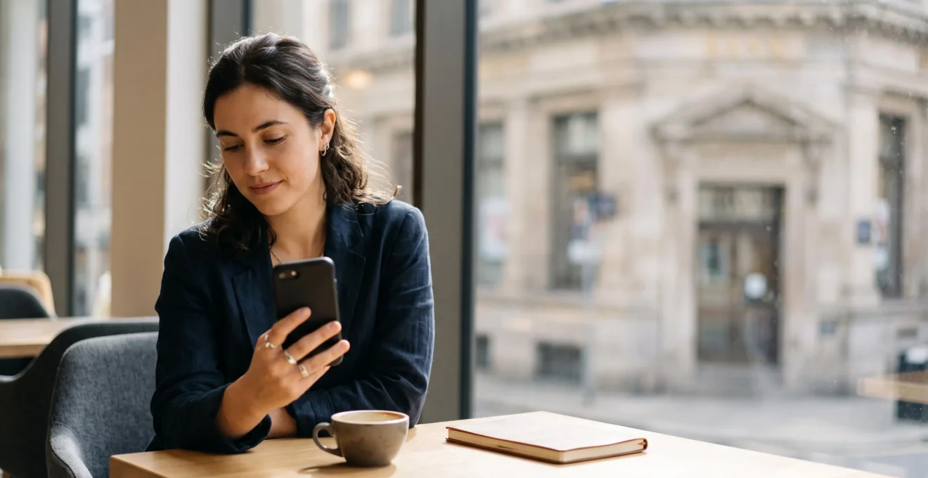 Une personne consulte une application de neobanque sur son smartphone dans un lieu de vie quotidien, avec en arriere-plan flou une agence bancaire traditionnelle