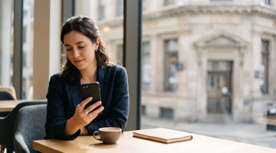 Une personne consulte une application de neobanque sur son smartphone dans un lieu de vie quotidien, avec en arriere-plan flou une agence bancaire traditionnelle
