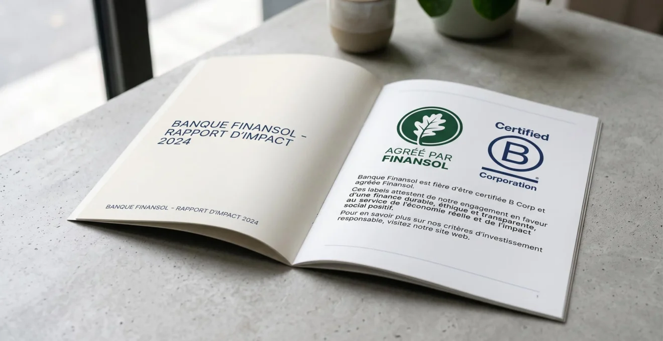 Plaquette bancaire officielle affichant labels de certification Finansol et B Corp avec logos et textes en français, sur fond neutre lumineux.