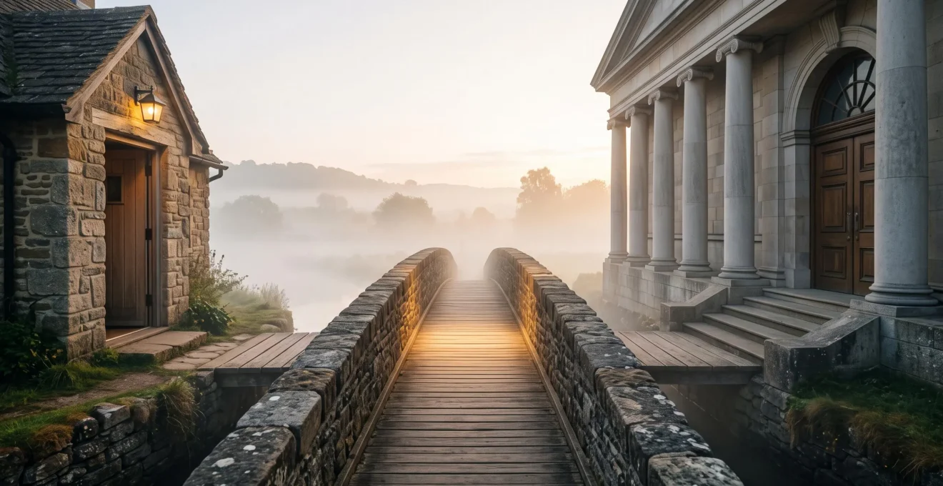 Illustration symbolique d'un pont reliant un domicile à une façade bancaire, représentant la gestion à distance de son argent