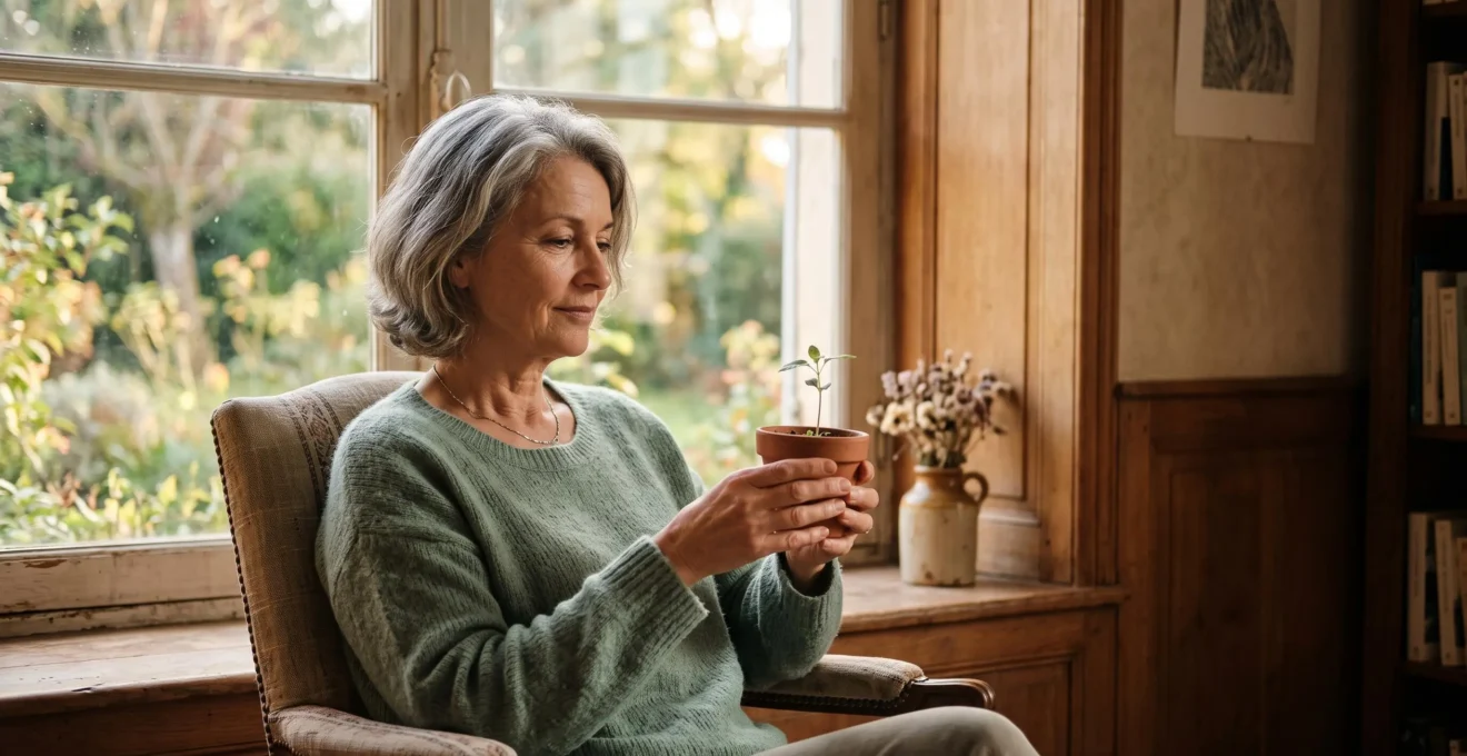 Personne senior sereine dans un salon lumineux, symbolisant la preparation financiere de la retraite