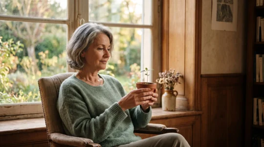 Personne senior sereine dans un salon lumineux, symbolisant la preparation financiere de la retraite