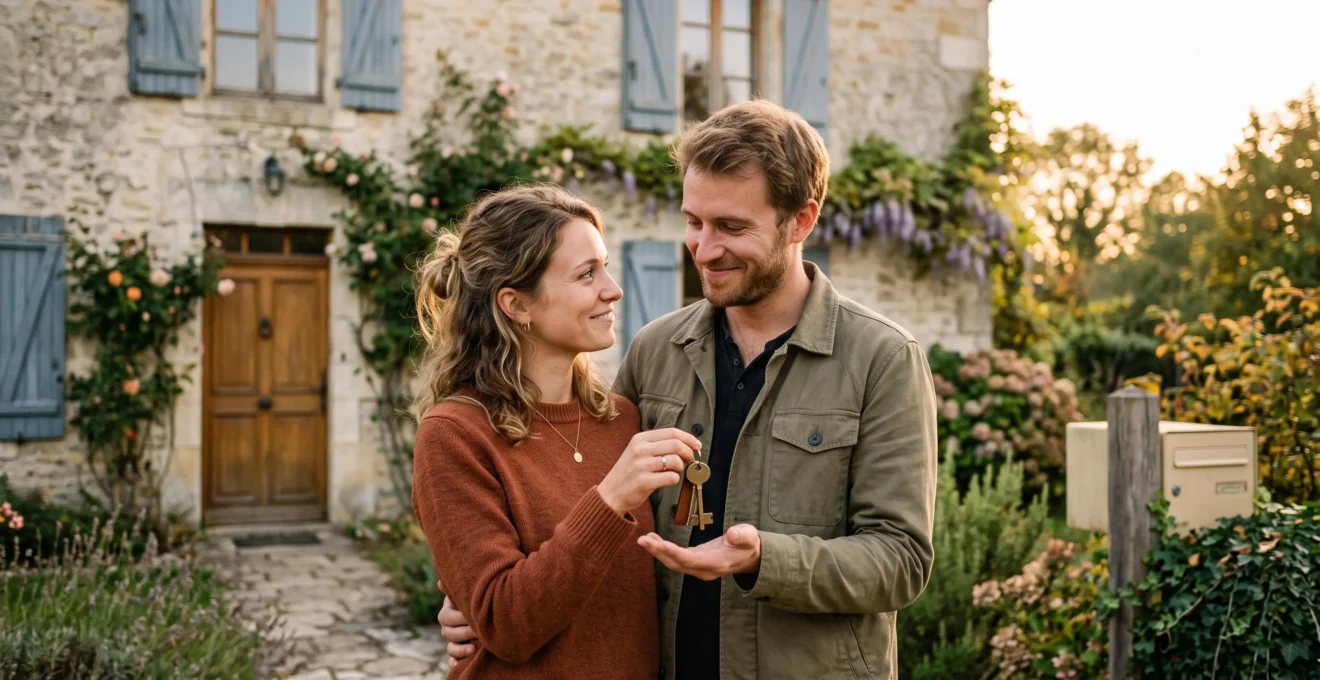 Un couple recevant symboliquement les clés de sa future maison, incarnant l'aboutissement d'un projet de prêt immobilier réussi