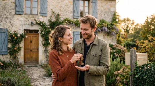 Un couple recevant symboliquement les clés de sa future maison, incarnant l'aboutissement d'un projet de prêt immobilier réussi