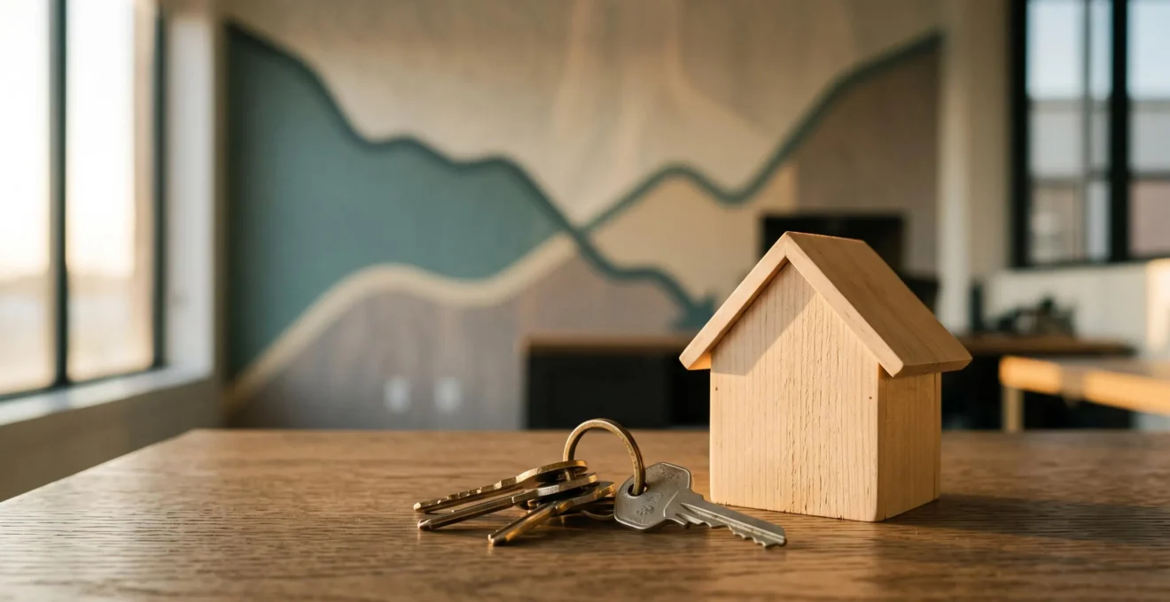 Illustration symbolique de la renegociation d'un credit immobilier avec des cles de maison et un graphique d'economies