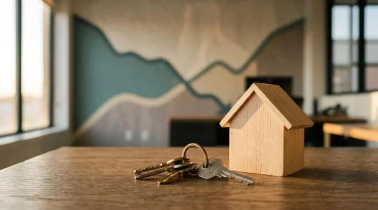 Illustration symbolique de la renegociation d'un credit immobilier avec des cles de maison et un graphique d'economies
