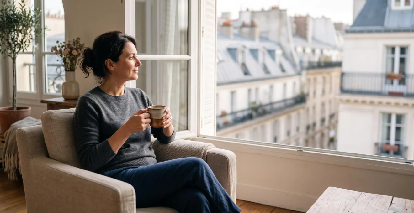 Investisseur serein consultant un relevé de patrimoine immobilier indirect dans un salon lumineux, symbolisant un revenu locatif sans gestion directe