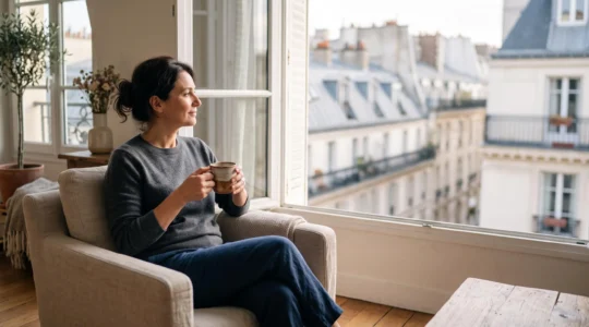Investisseur serein consultant un relevé de patrimoine immobilier indirect dans un salon lumineux, symbolisant un revenu locatif sans gestion directe
