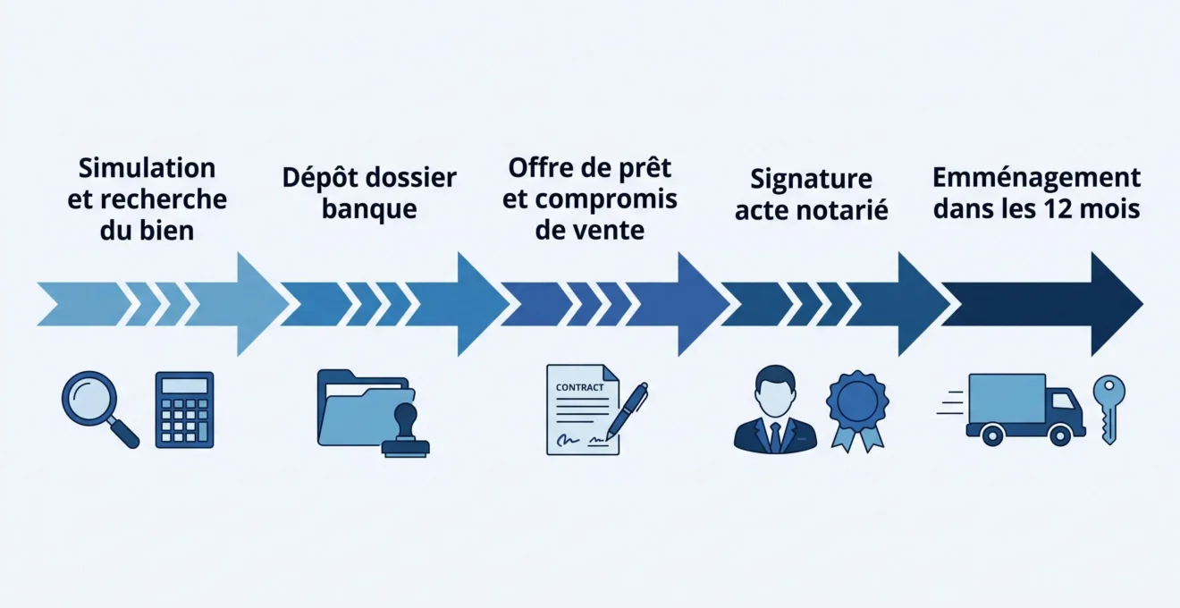 Chronologie type d'un achat de résidence principale financé par prêt conventionné, de la recherche du bien à l'emménagement