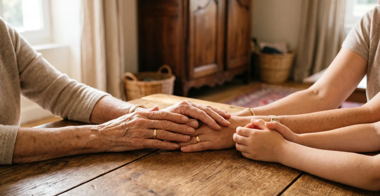 Scene symbolique de transmission de patrimoine entre generations dans une famille francaise