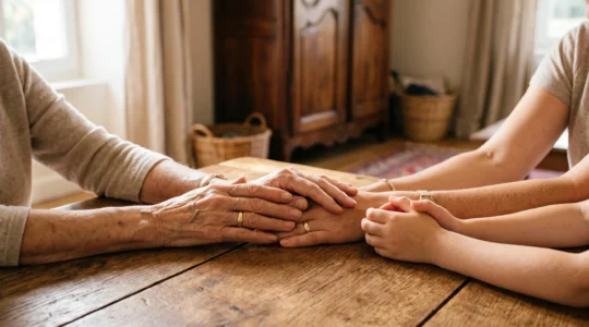 Scene symbolique de transmission de patrimoine entre generations dans une famille francaise