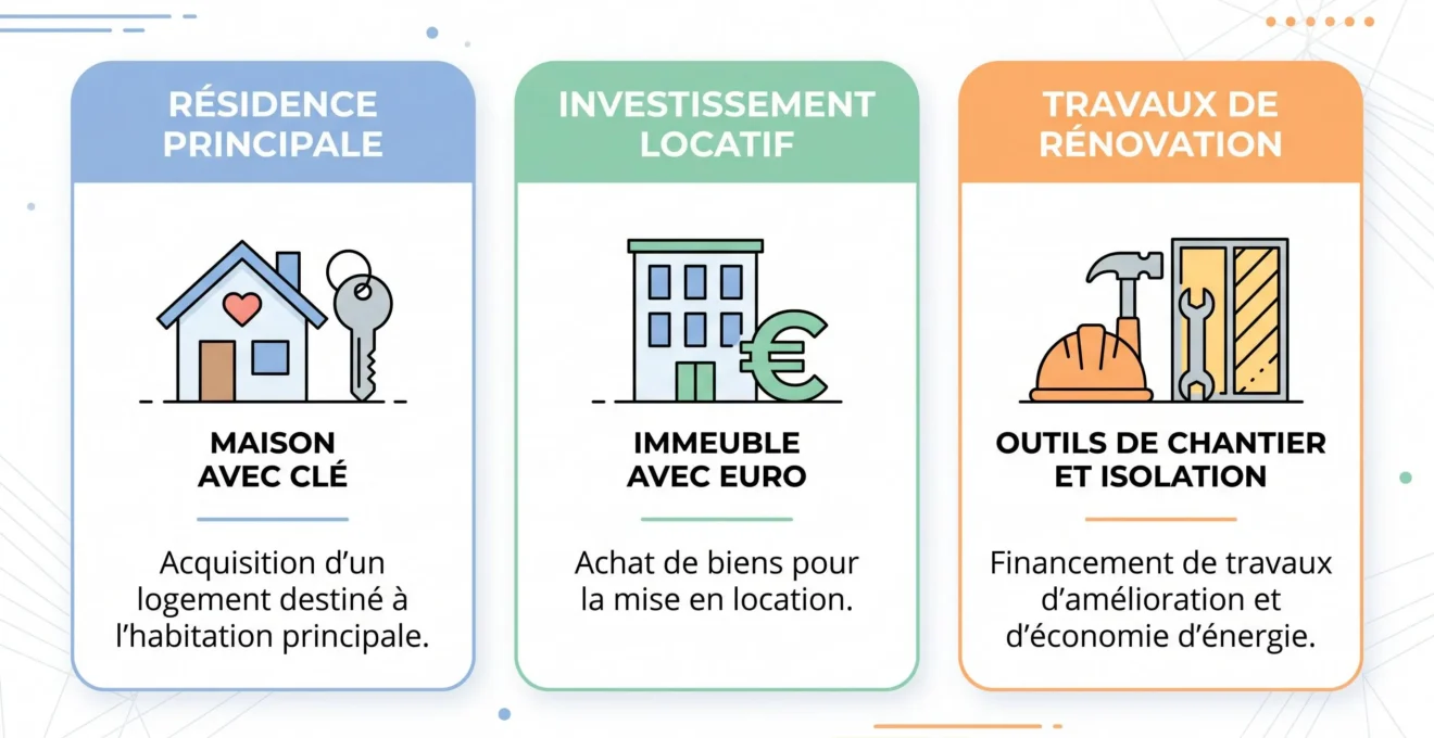 Schéma illustrant les trois grandes catégories de biens finançables avec un prêt conventionné : résidence principale, investissement locatif et travaux de rénovation
