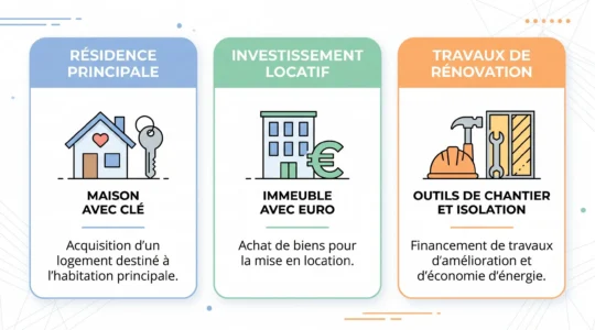 Schéma illustrant les trois grandes catégories de biens finançables avec un prêt conventionné : résidence principale, investissement locatif et travaux de rénovation