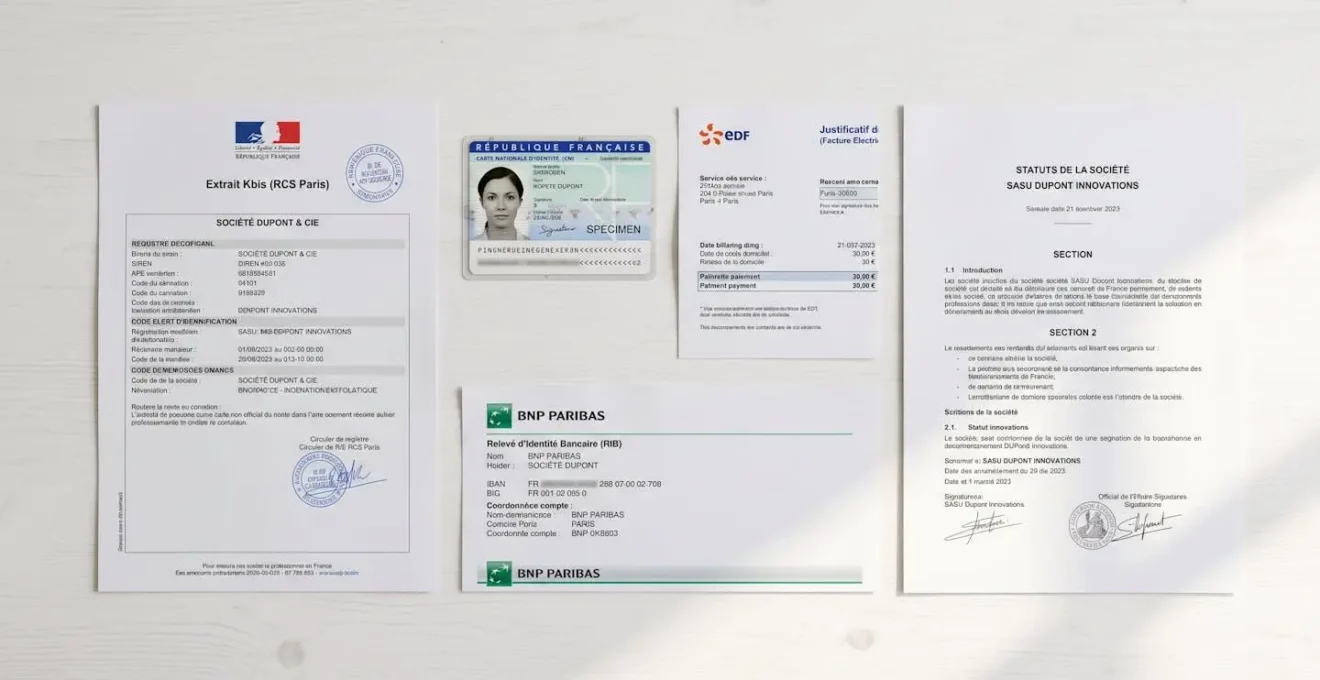 Vue de dessus d'un ensemble de documents officiels français requis pour l'ouverture d'un compte bancaire professionnel : extrait Kbis, carte d'identité, justificatif de domicile et RIB disposés sur un bureau