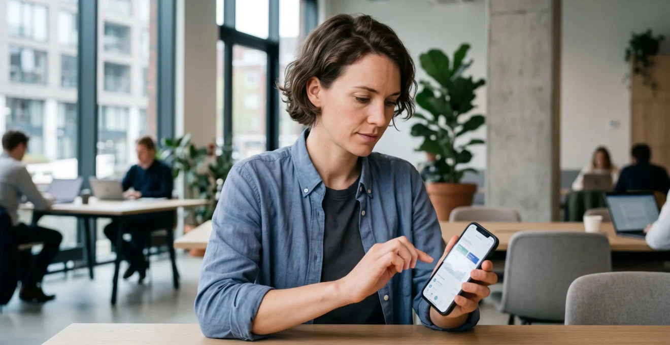 Entrepreneur consultant son compte bancaire professionnel sur smartphone dans un espace de coworking moderne