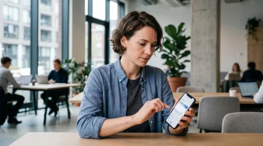 Entrepreneur consultant son compte bancaire professionnel sur smartphone dans un espace de coworking moderne