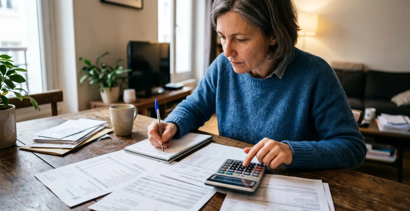 Personne effectuant des calculs financiers avec une calculatrice et des relevés bancaires sur une table