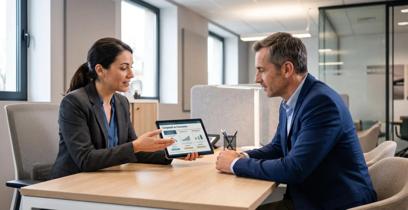 Conseiller bancaire et client discutant d'options d'épargne sur une tablette dans une agence bancaire moderne